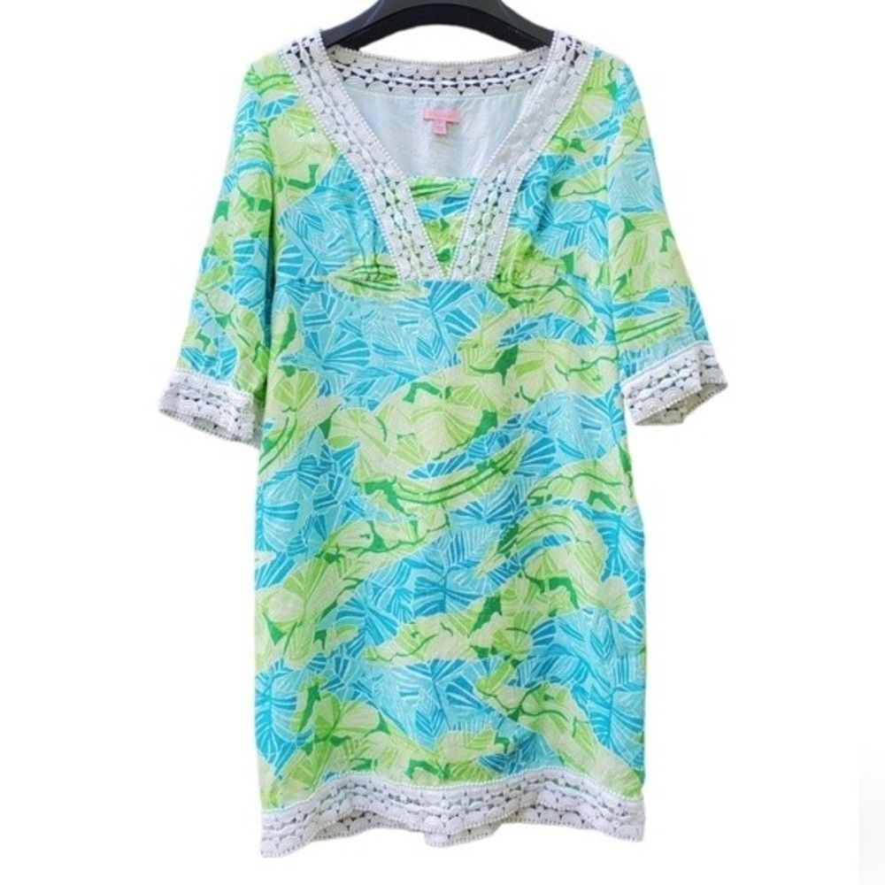 Lily Pulitzer Sherman Turquoise Gator Alley Women's Linen Tunic Dress